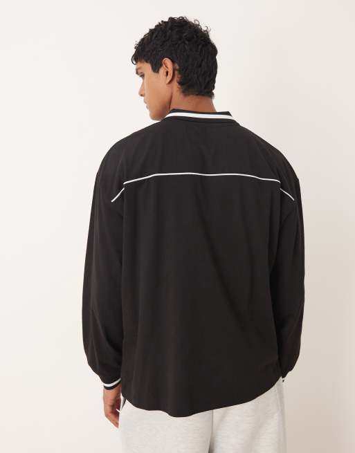 ASOS DESIGN oversized soccer polo with piping detail in black , 3 of 5