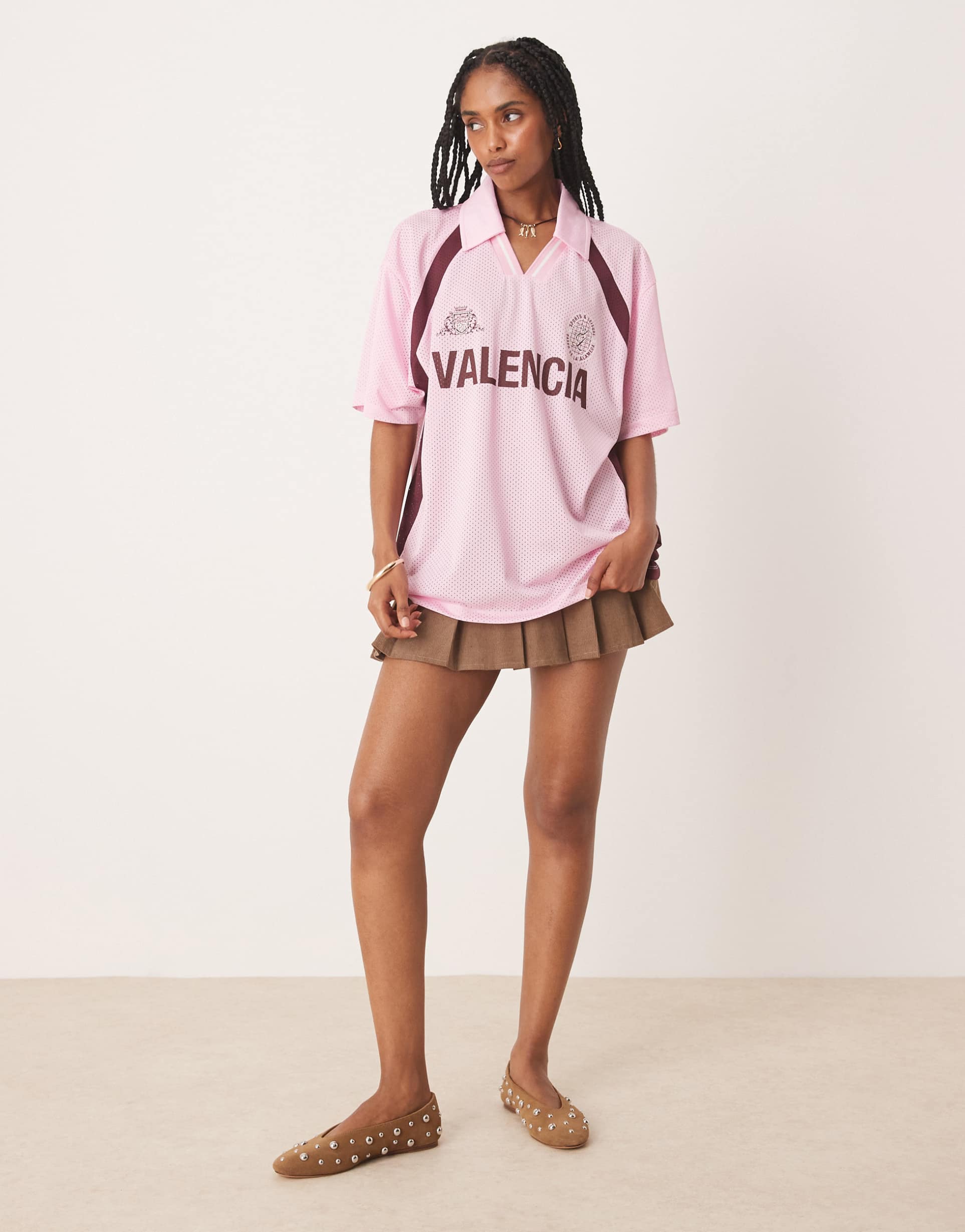 asos design oversized soccer shirt with valencia graphic in pink