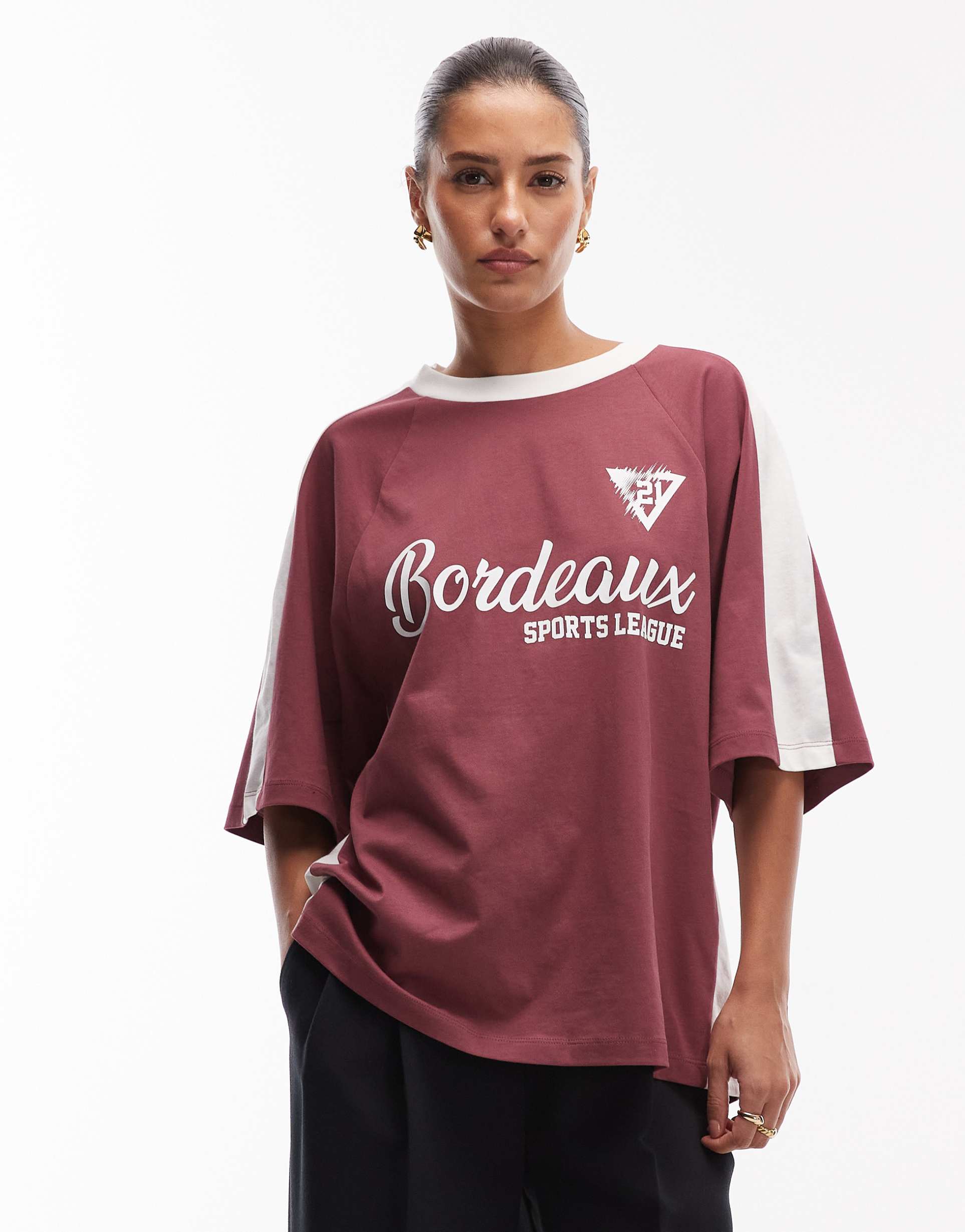 asos design oversized soccer tee with bordeaux graphic in brown