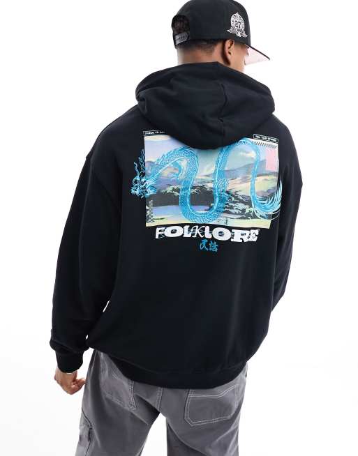 ASOS DESIGN - Oversized sort hættetrøje med fotoprint på ryggen