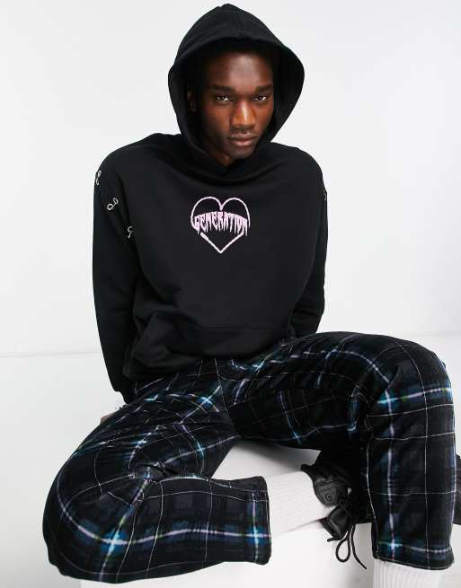 ASOS DESIGN - Oversized, sort hættetrøje med frontprint og metaldetaljer