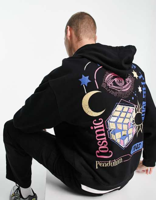 ASOS DESIGN - Oversized sort hættetrøje med mystik-print bagpå og på brystet