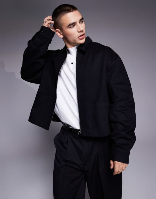 ASOS DESIGN - Oversized, sort og cropped Harrington-skjortejakke