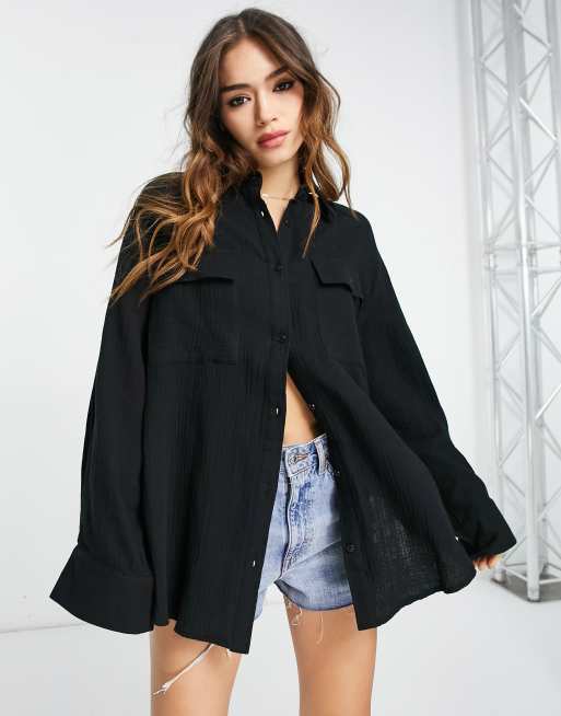 ASOS DESIGN - Oversized sort skjorte i krølstof med brede manchetter