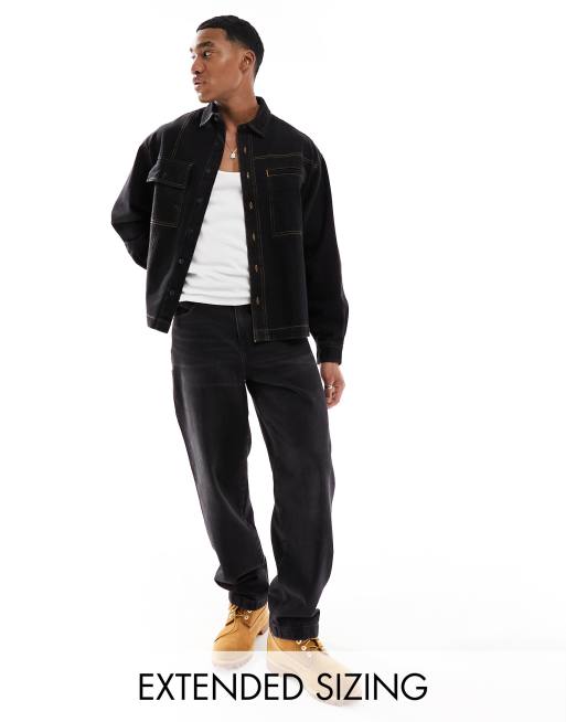 ASOS DESIGN - Oversized sort skjorte med reverskrave, firkantet pasform og kontrastsyninger 
