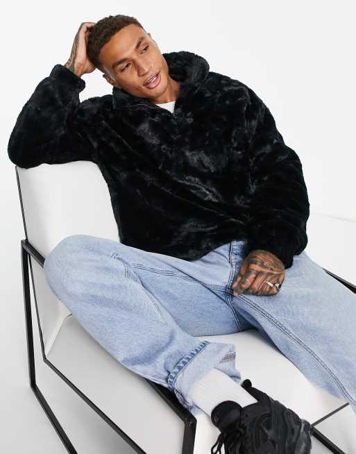 ASOS DESIGN - Oversized sort sweatshirt i imiteret pels med halv lynlås