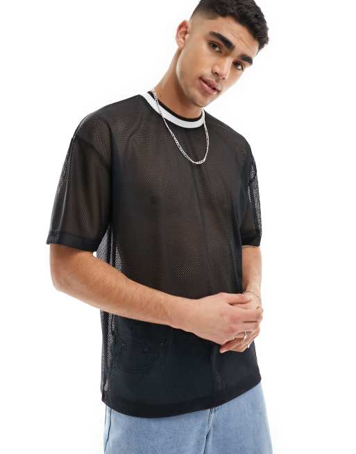 ASOS DESIGN - Oversized sort T-shirt i mesh med kontrastkant