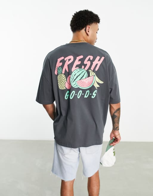ASOS DESIGN - Oversized sort T-shirt i sort med frugtprint på ryggen