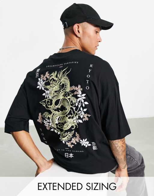 	ASOS DESIGN - Oversized sort T-shirt med drageprint på ryggen i bomuldsblanding 