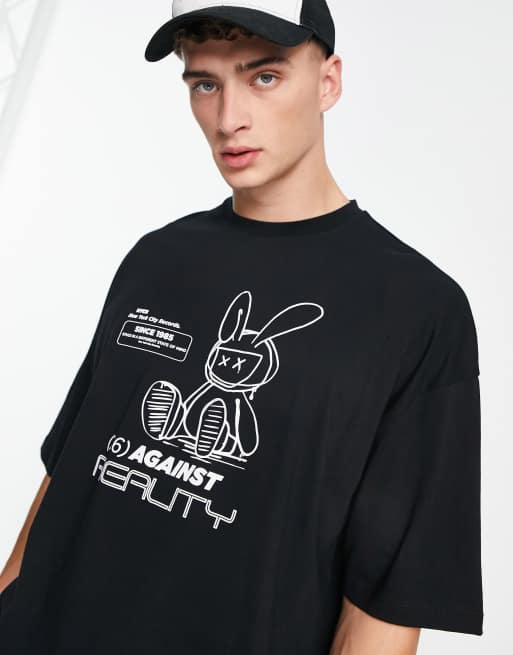 ASOS DESIGN - Oversized sort T-shirt med kaninprint i grunge-stil foran