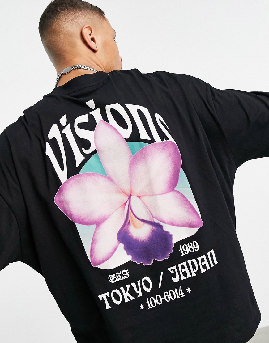ASOS DESIGN - Oversized sort T-shirt med lange ærmer og blomsterprint på ryggen i økologisk bomuld