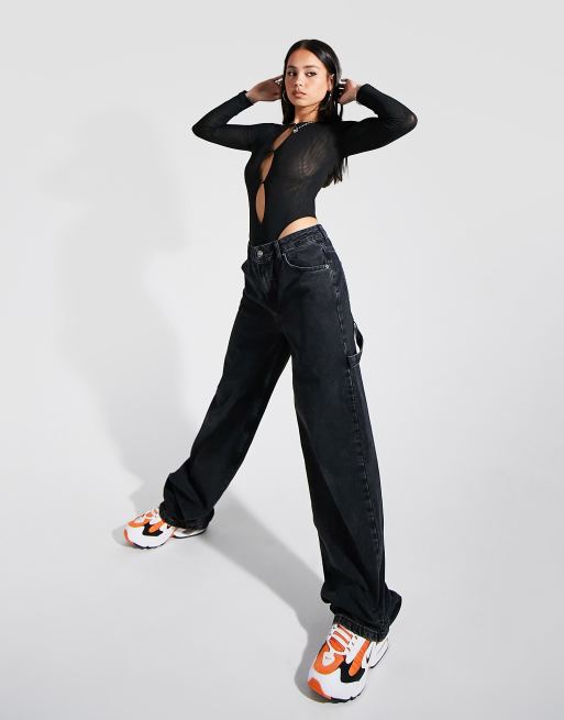 ASOS DESIGN - Oversized spijkerbroek met middelhoge taille van katoenmix in zwarte wassing - BLACK