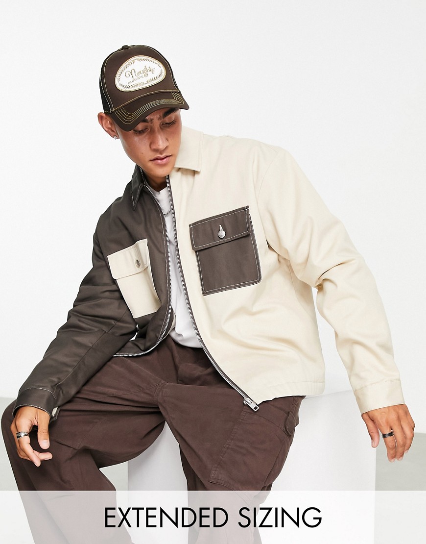 ASOS DESIGN oversized spliced harrington jacket in brown and beige