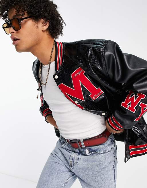 Faux leather 2025 letterman jacket