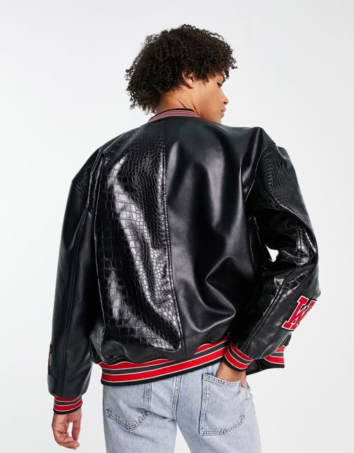 ASOS DESIGN oversized wool varsity jacket with real leather sleeves in black