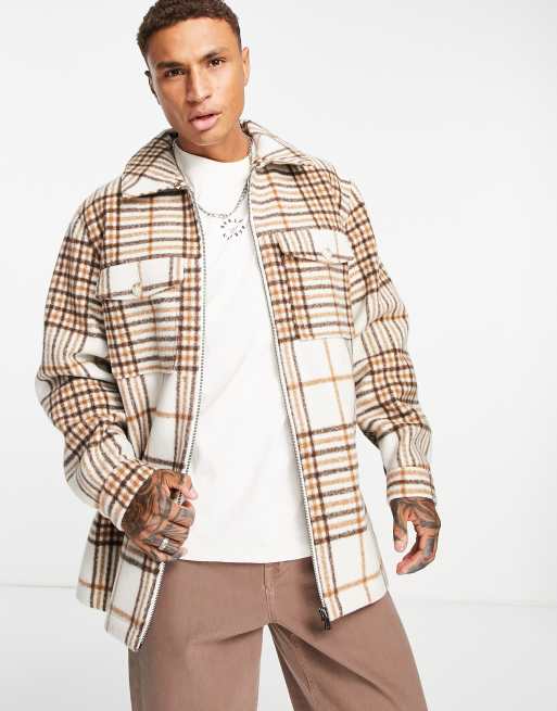 Asos Design Oversized Spliced Wool Look Shacket In Brown Check Asos