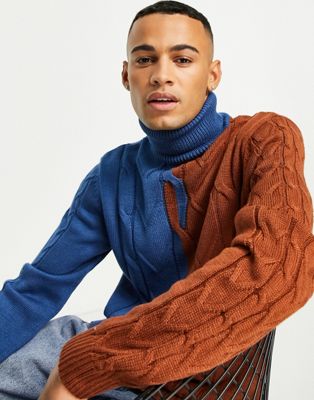 ASOS DESIGN oversized split cable knit jumper in blue & auburn