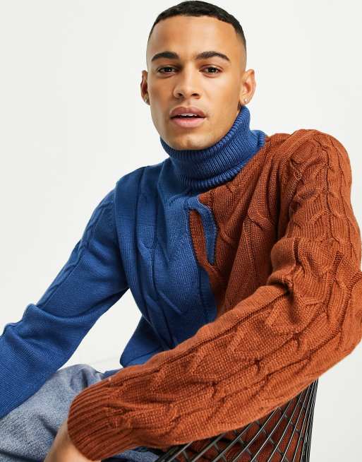 ASOS DESIGN oversized split cable knit jumper in blue & auburn ASOS