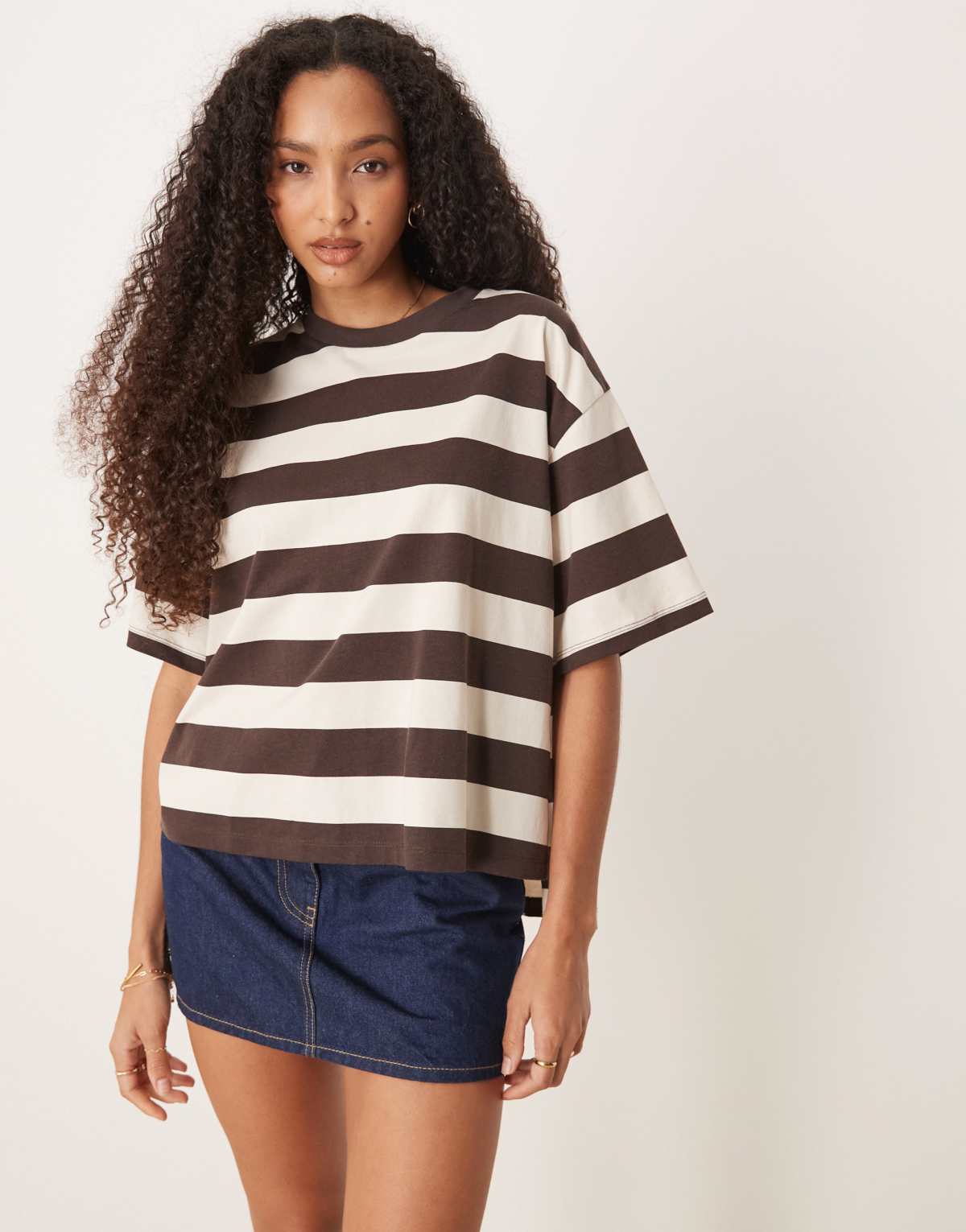 ASOS DESIGN oversized split side tee in choc and cream stripe