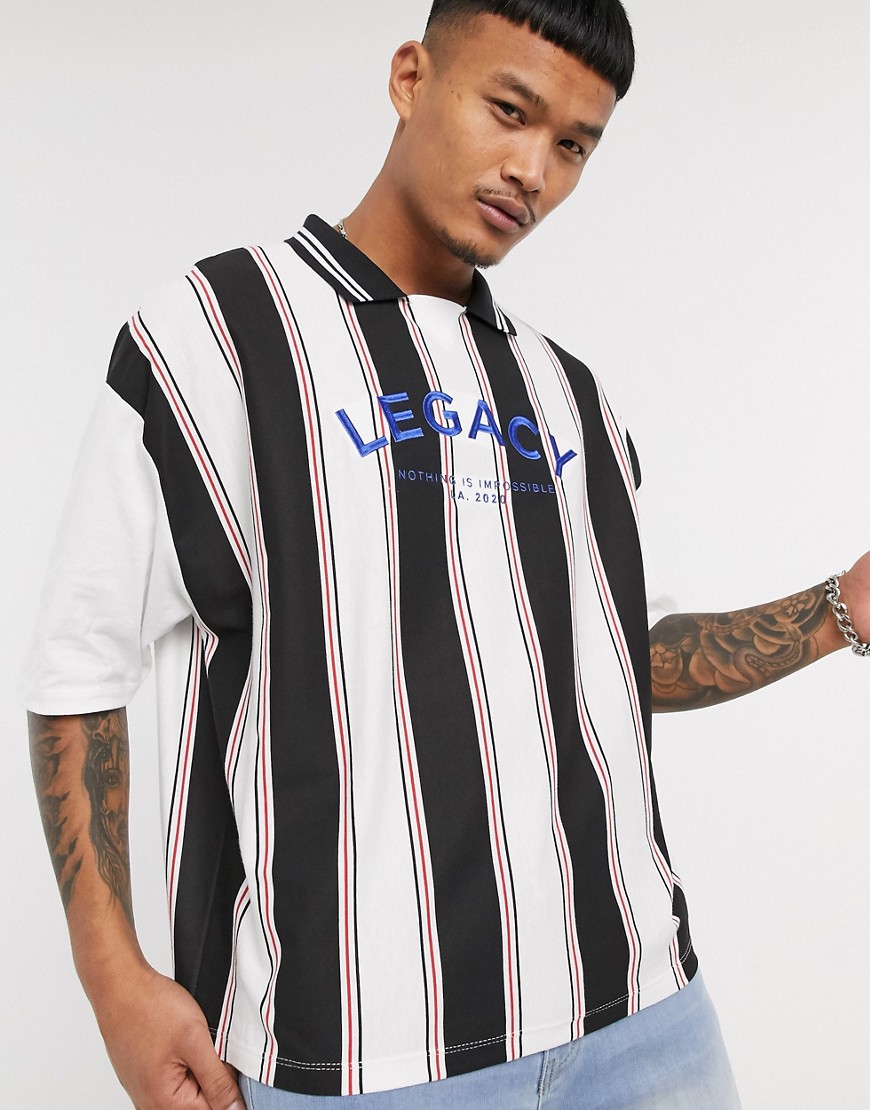 ASOS DESIGN oversized sports polo with vertical stripes and text print-White