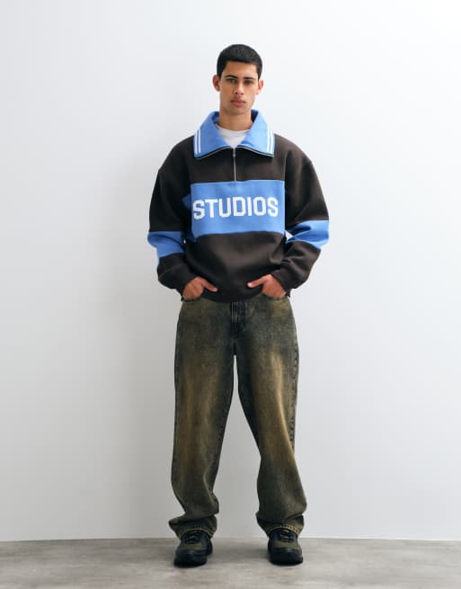 ASOS DESIGN oversized spread collar half zip sweatshirt with contrast rib, cut & sew panel and print in brown and blue, 2 of 5