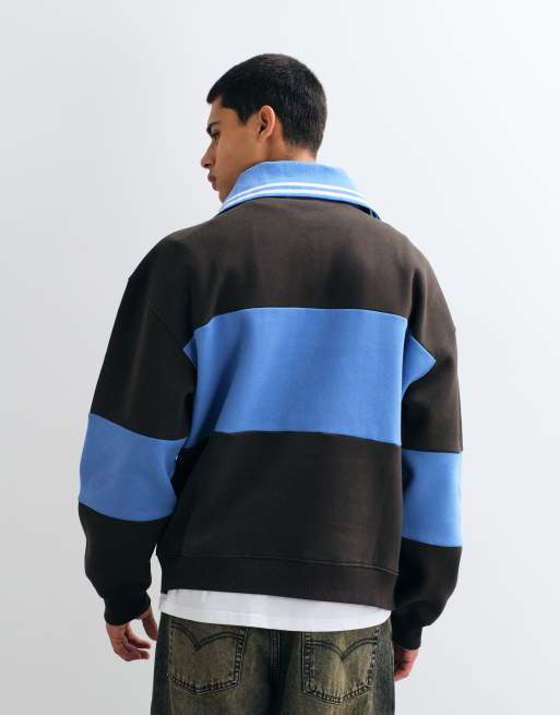 ASOS DESIGN oversized spread collar half zip sweatshirt with contrast rib, cut & sew panel and print in brown and blue, 3 of 5