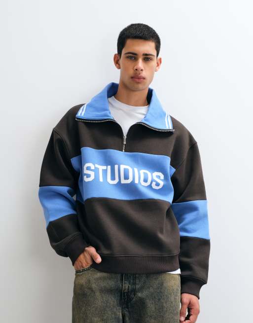 ASOS DESIGN oversized spread collar half zip sweatshirt with contrast rib, cut & sew panel and print in brown and blue, 5 of 5