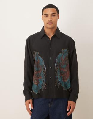 Asos Design Oversized Square Collar Shirt With Dragon Print In Black
