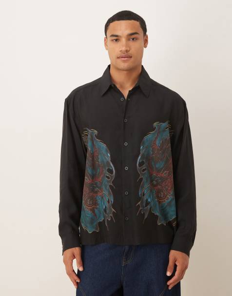 ASOS DESIGN oversized square collar shirt with dragon print in black - view 1