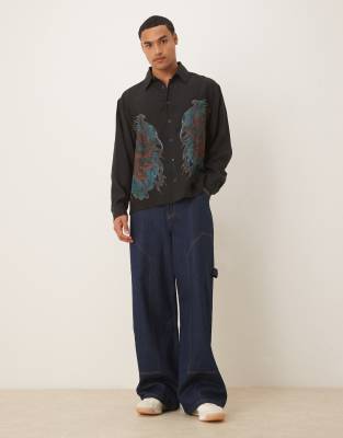 Asos Design Oversized Square Collar Shirt With Dragon Print In Black