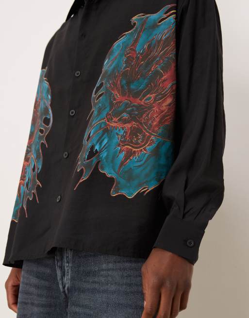 ASOS DESIGN oversized square collar shirt with dragon print in black, 5 of 5