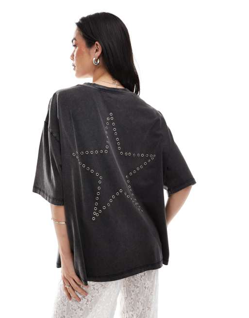ASOS DESIGN oversized star studded t-shirt in washed charcoal, 2 of 4