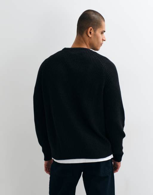ASOS DESIGN oversized stickad tröja med fiskbensribbstickning i svart, 2 av 5