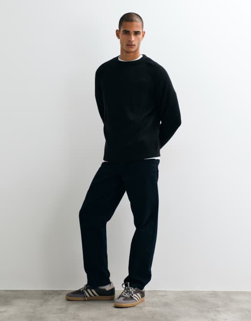 ASOS DESIGN oversized stickad tröja med fiskbensribbstickning i svart, 4 av 5