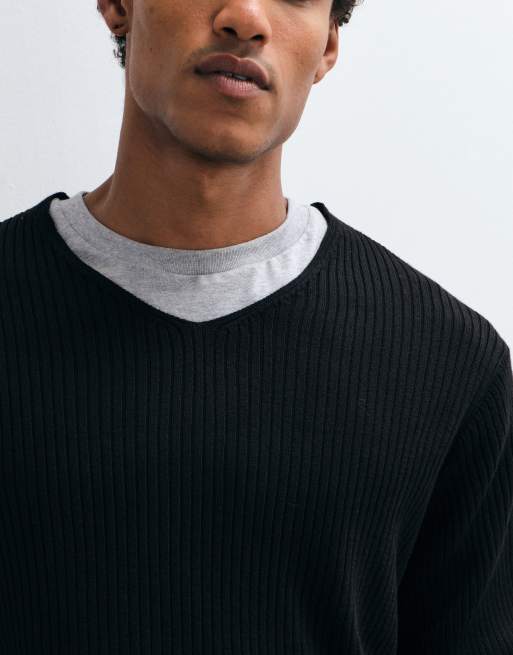 ASOS DESIGN oversized stickad tröja med v-ringning i blå ribbad stickning, 3 av 5