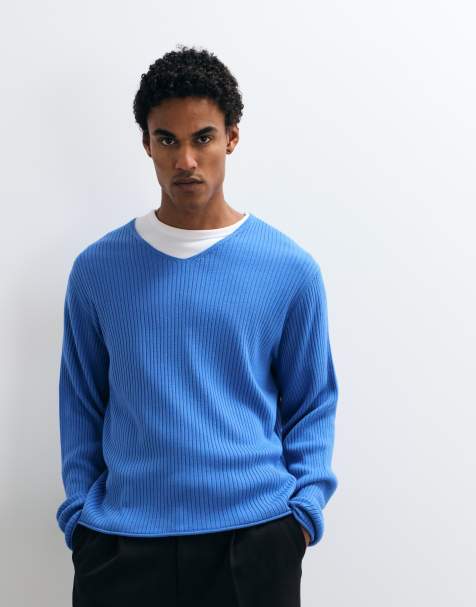 ASOS DESIGN oversized stickad tröja med v-ringning i blå ribbad stickning - view 1