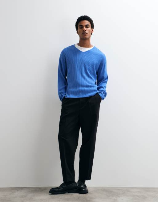 ASOS DESIGN oversized stickad tröja med v-ringning i blå ribbad stickning, 2 av 5