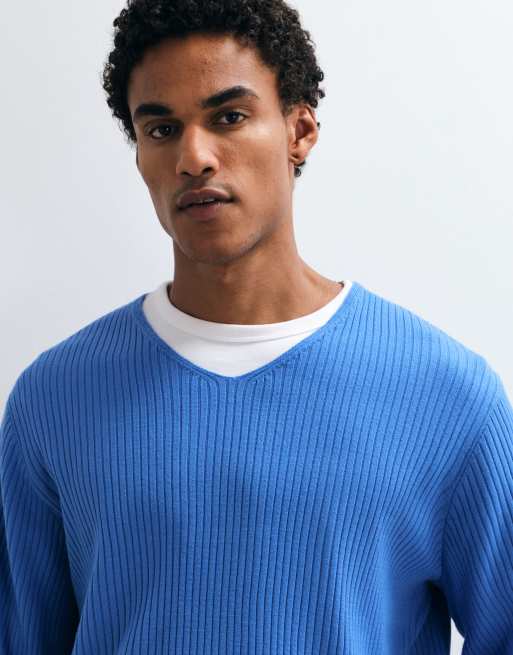 ASOS DESIGN oversized stickad tröja med v-ringning i blå ribbad stickning, 3 av 5