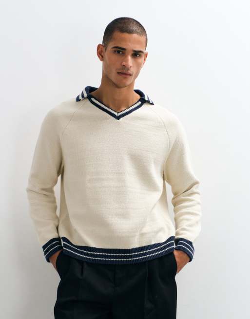 ASOS DESIGN oversized stickad tröja med v-ringning, ringer och svarta detaljer i ecru, 2 av 5