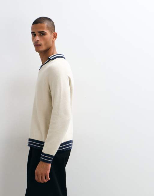 ASOS DESIGN oversized stickad tröja med v-ringning, ringer och svarta detaljer i ecru, 3 av 5