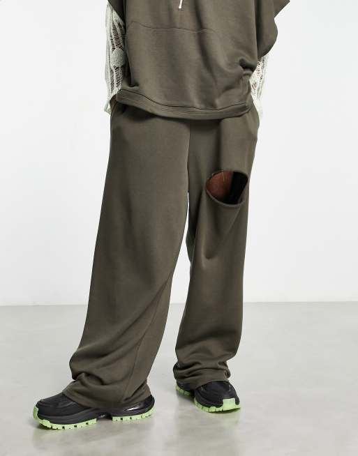 ASOS DESIGN oversized straight leg joggers with cut out in khaki