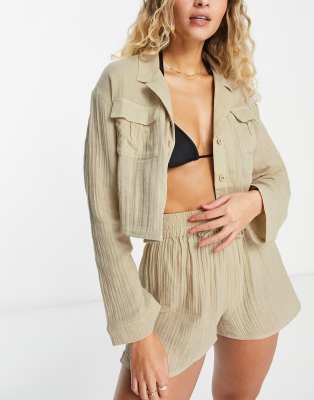 ASOS DESIGN - Oversized-Strandhemd aus doppellagigem Baumwollmusselin in Hafer mit Taschen, Kombiteil-Neutral