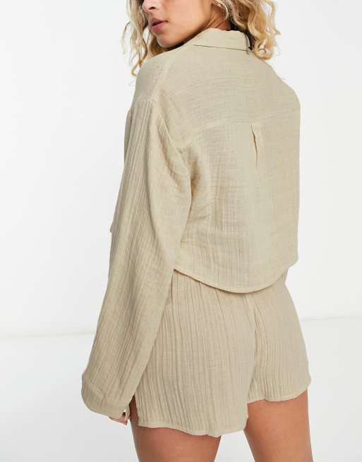 ASOS DESIGN - Oversized strandoverhemd met zakken van dubbel gaas in lichtbeige, deel van co-ord set, 3 van 4