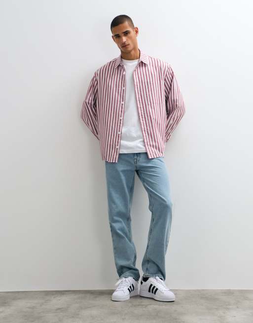 ASOS DESIGN oversized stribet poplinskjorte i bordeaux og hvid, 2 af 5