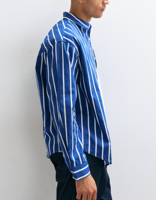 ASOS DESIGN oversized stribet skjorte med placeret broderi i blå, 4 af 5