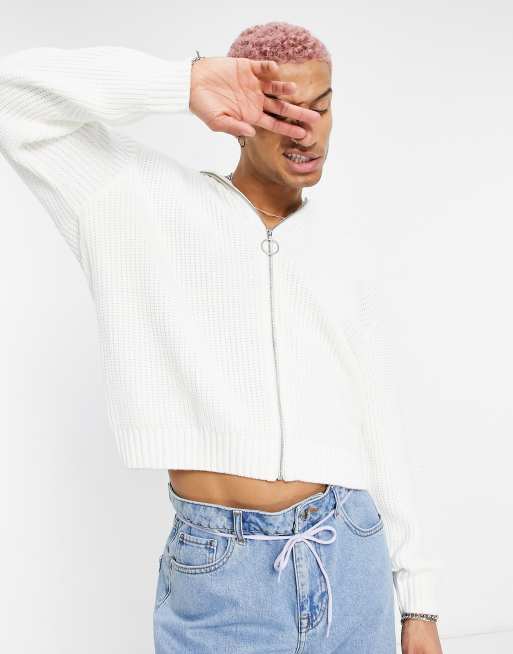 ASOS DESIGN – Oversized-Strickpullover in Weiß mit Stehkragen und durchgehendem Reißverschluss