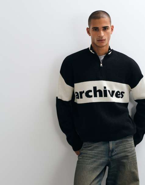 ASOS DESIGN oversized strik med halv lynlås, beige panel og print i sort - view 1