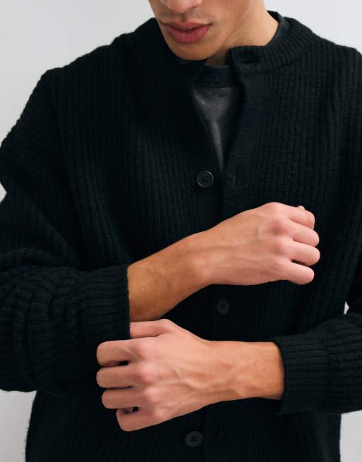 ASOS DESIGN oversized strikket cardigan i uldblanding med rib og rund hals i sort, 3 af 5