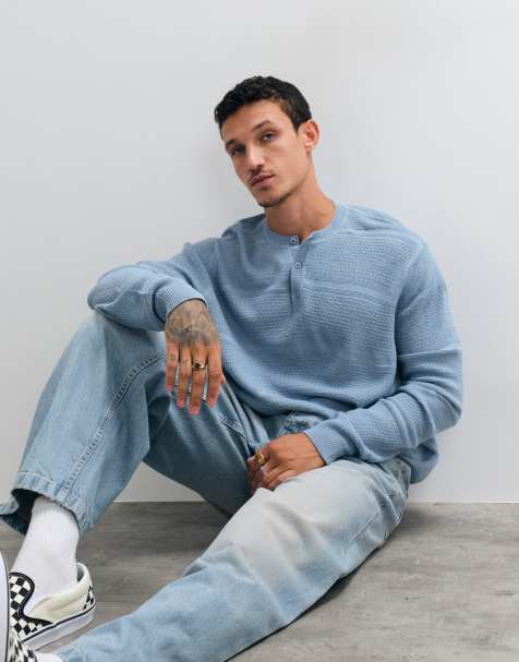 ASOS DESIGN oversized strikket henley i blå - view 1
