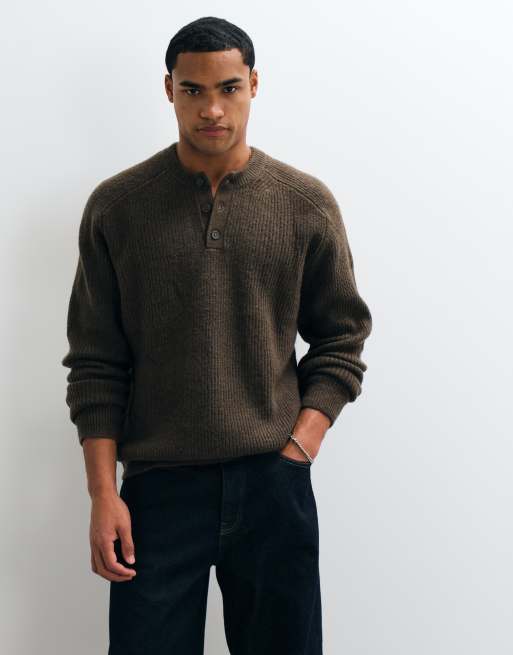 ASOS DESIGN oversized strikket henley i brun, 2 af 5